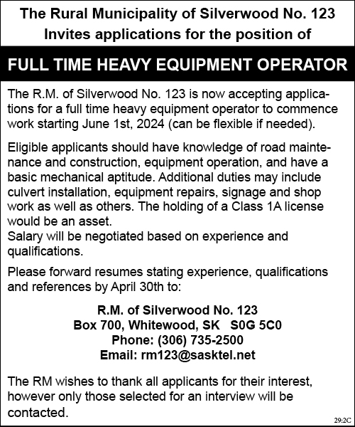 RM of Silverwood  - Full Time Heavy Equipment Operator 